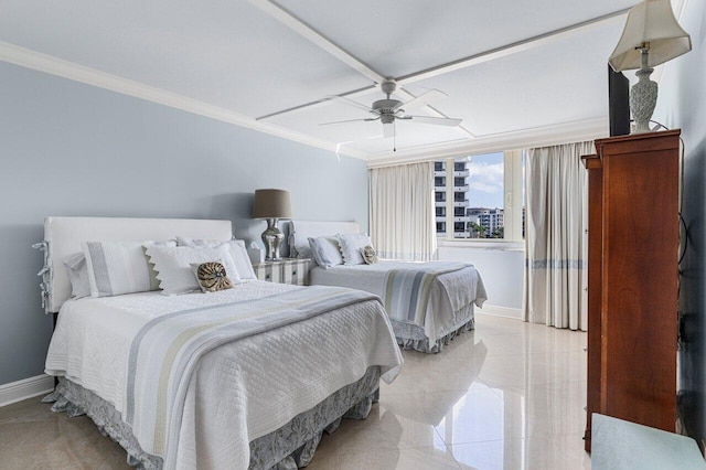 bedroom featuring ceiling fan and ornamental molding