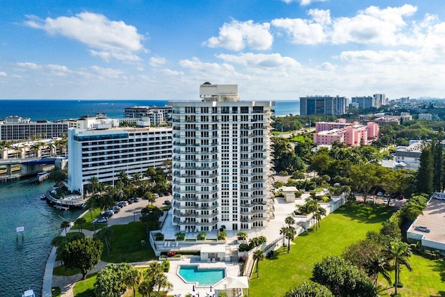 drone / aerial view featuring a water view