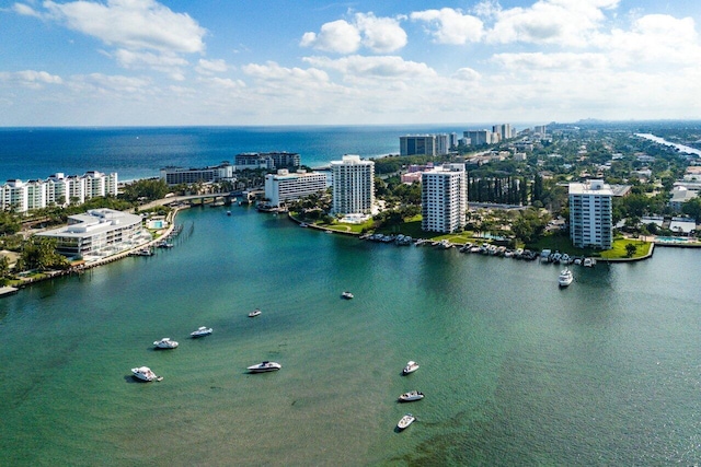 birds eye view of property featuring a water view