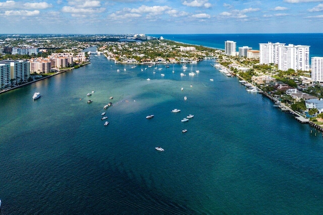 bird's eye view with a water view