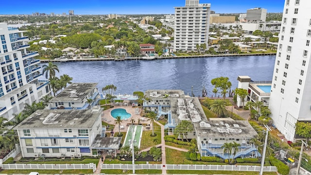 aerial view featuring a water view