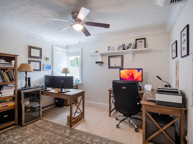 office with ceiling fan, light tile patterned floors, a textured ceiling, and ornamental molding