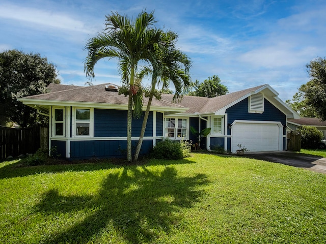 single story home with a front lawn and a garage