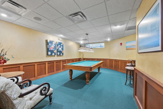 playroom featuring a drop ceiling, light colored carpet, and pool table