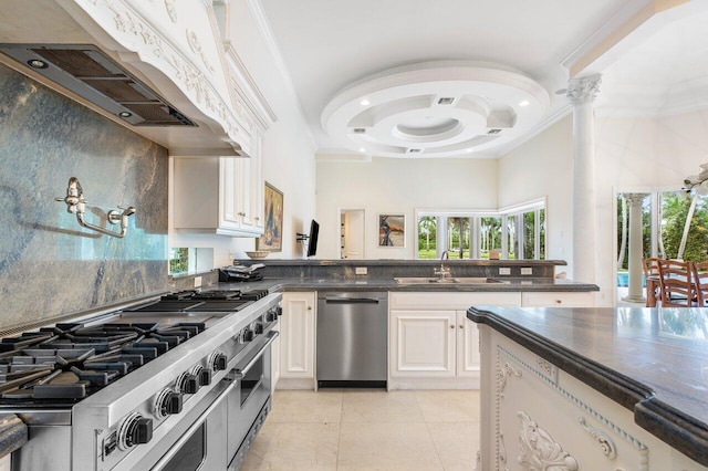 kitchen with a wealth of natural light, a towering ceiling, stainless steel appliances, and ventilation hood