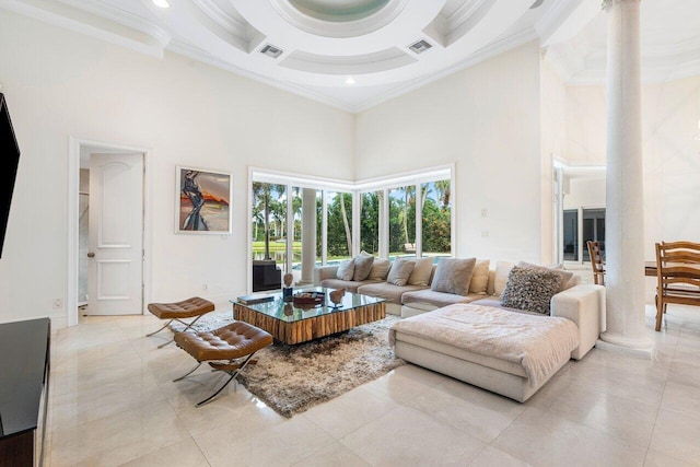 tiled living room featuring coffered ceiling, a high ceiling, and ornamental molding