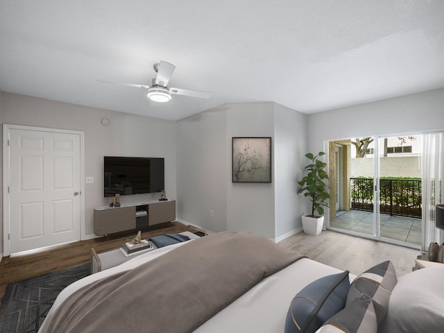 bedroom with access to exterior, ceiling fan, and hardwood / wood-style floors