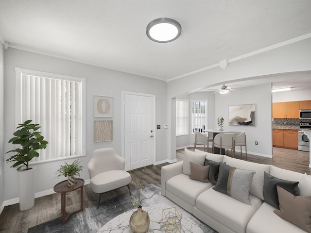 living room with ceiling fan and wood-type flooring