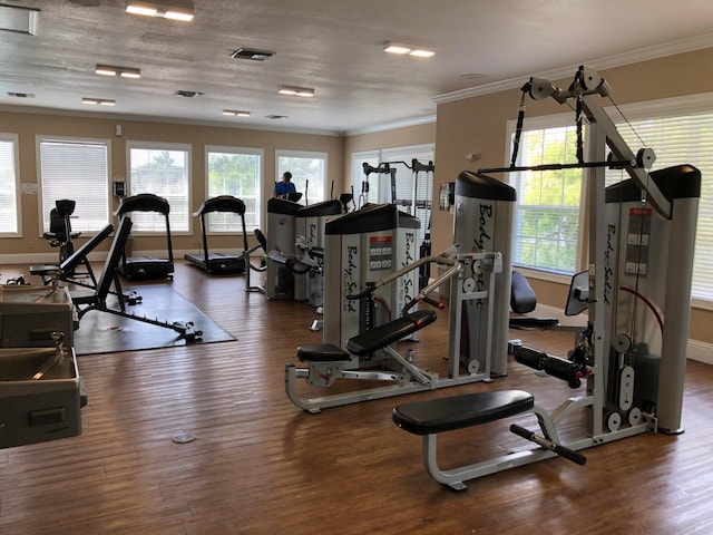 workout area with dark hardwood / wood-style flooring, crown molding, and plenty of natural light