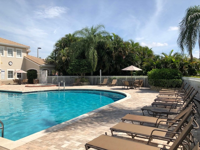 view of swimming pool with a patio area