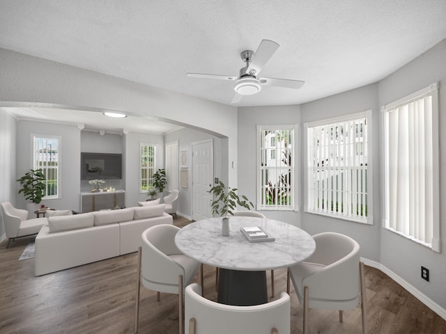 dining room with ceiling fan, dark hardwood / wood-style flooring, and a textured ceiling