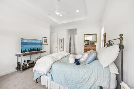 bedroom featuring a raised ceiling and light colored carpet