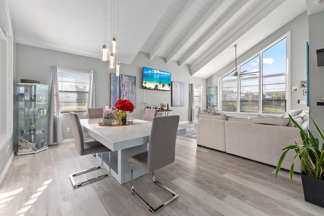 dining space featuring light wood-style floors, lofted ceiling with beams, and baseboards