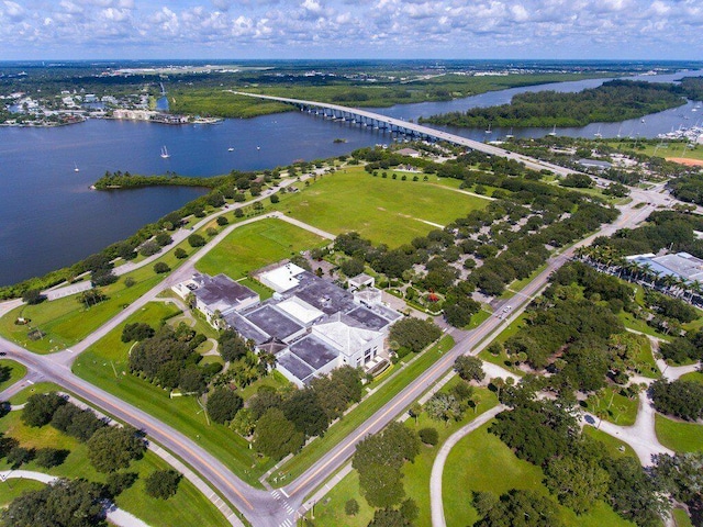 aerial view featuring a water view