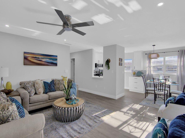 living room featuring hardwood / wood-style flooring and ceiling fan