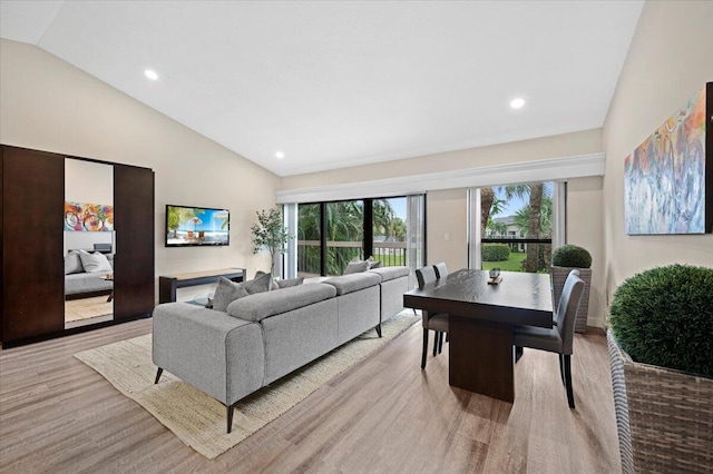 living room with light hardwood / wood-style floors and vaulted ceiling