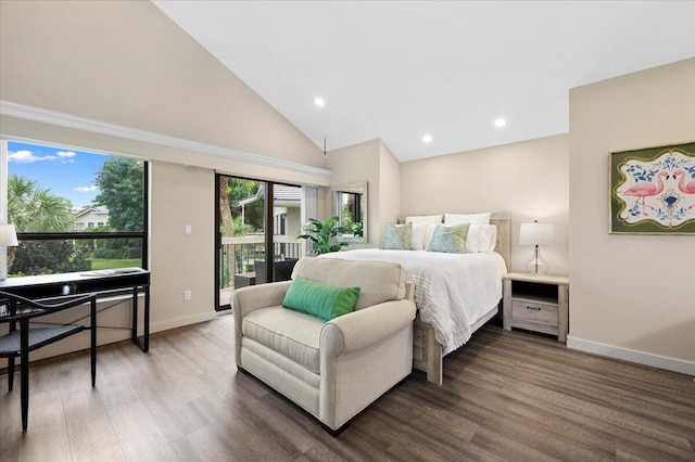 bedroom with high vaulted ceiling, wood-type flooring, and access to outside