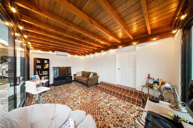 living room featuring beam ceiling, wood ceiling, and an AC wall unit