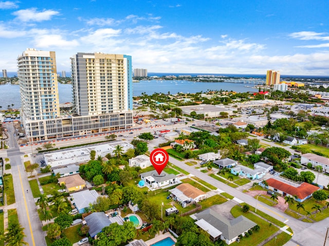 birds eye view of property featuring a water view