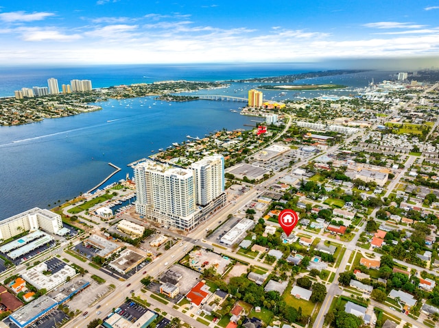 birds eye view of property featuring a water view