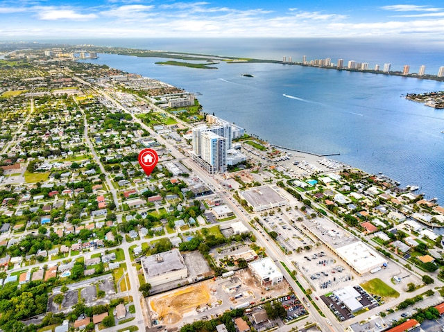 drone / aerial view featuring a water view