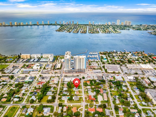 drone / aerial view featuring a water view