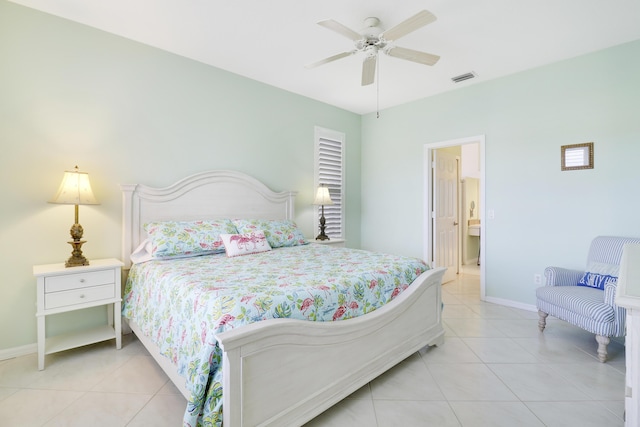 bedroom with ceiling fan and light tile patterned flooring