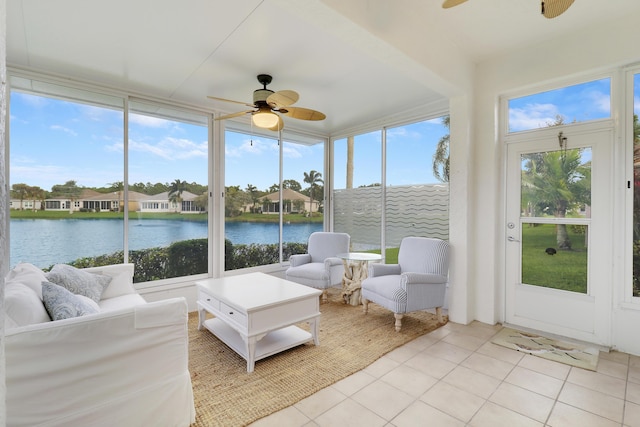 sunroom with a water view and ceiling fan