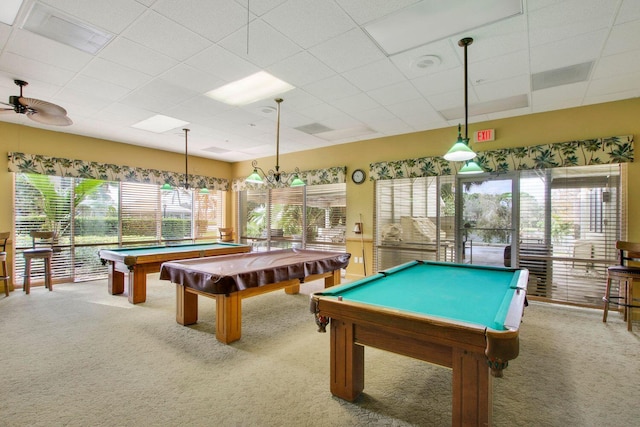 rec room featuring carpet, ceiling fan, a paneled ceiling, and pool table