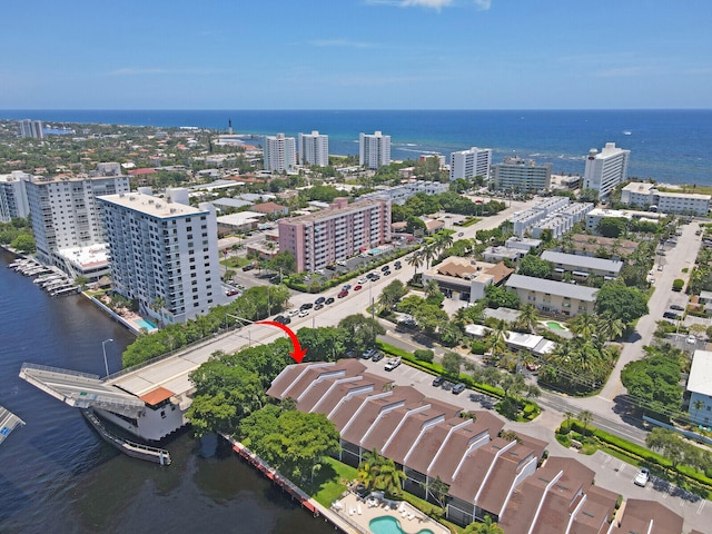 drone / aerial view featuring a water view