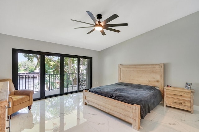 bedroom featuring access to exterior and ceiling fan