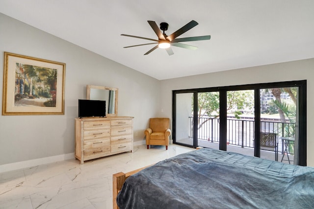 bedroom with access to exterior, ceiling fan, and lofted ceiling