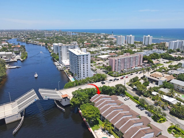 aerial view featuring a water view