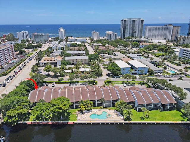 aerial view featuring a water view