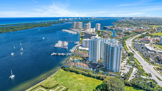 drone / aerial view featuring a water view