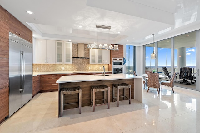 kitchen featuring white cabinets, a raised ceiling, sink, wall chimney exhaust hood, and stainless steel appliances