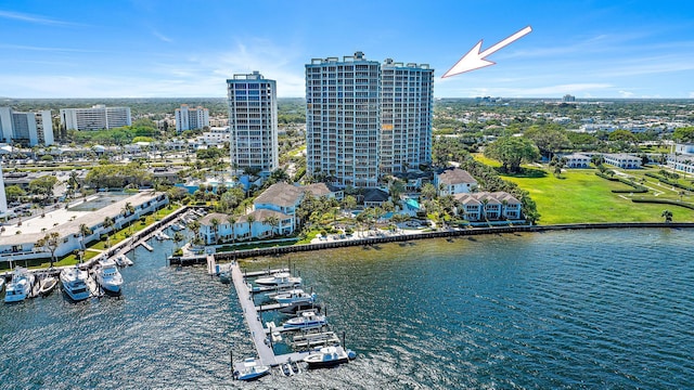 bird's eye view featuring a city view and a water view