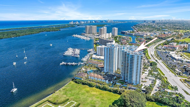 bird's eye view with a water view and a city view