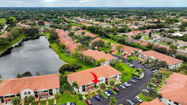 bird's eye view with a water view