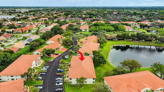 drone / aerial view featuring a water view