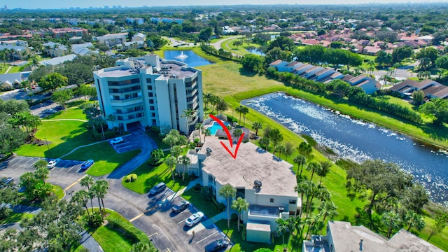 aerial view featuring a water view