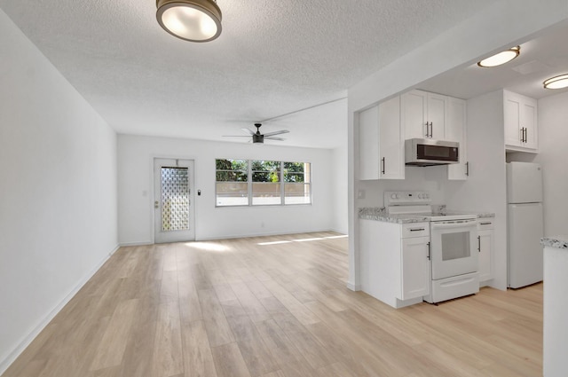 kitchen featuring white appliances, ceiling fan, a textured ceiling, light hardwood / wood-style floors, and white cabinetry