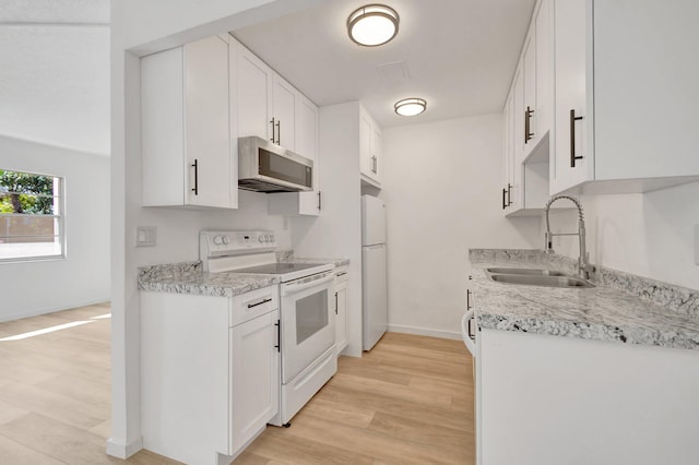 kitchen featuring sink, white cabinets, white appliances, and light hardwood / wood-style flooring