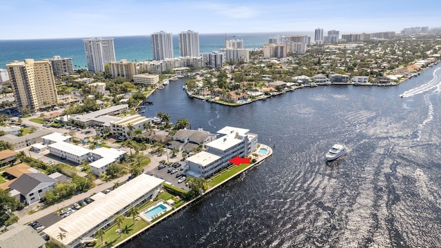 drone / aerial view featuring a water view