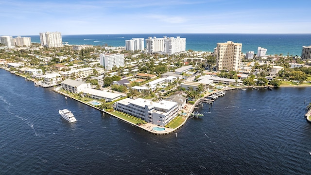 drone / aerial view with a water view