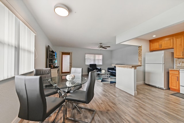 dining space featuring ceiling fan and light hardwood / wood-style flooring