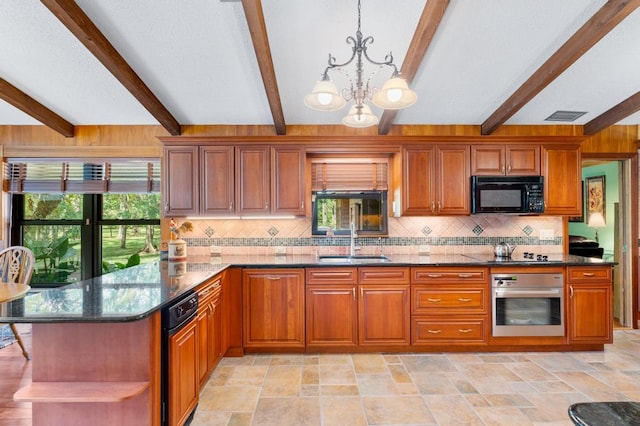 5405 Duckweed Rd, Wellington, FL 33449 - kitchen with beam ceiling, sink, a notable chandelier, and black appliances