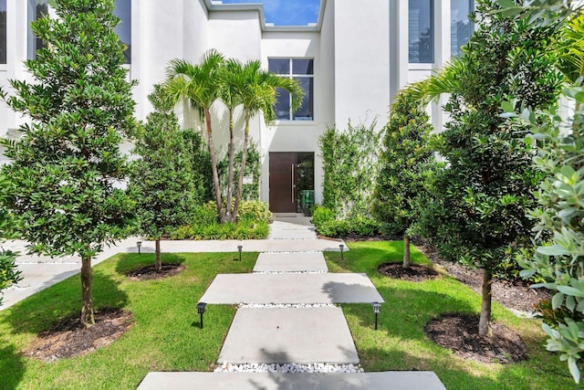 property entrance with a yard