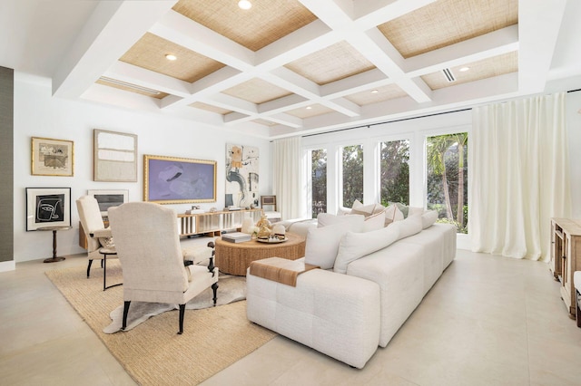 living room featuring beam ceiling, light tile patterned floors, and coffered ceiling