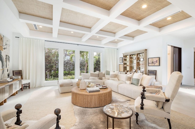 living room featuring beam ceiling and coffered ceiling